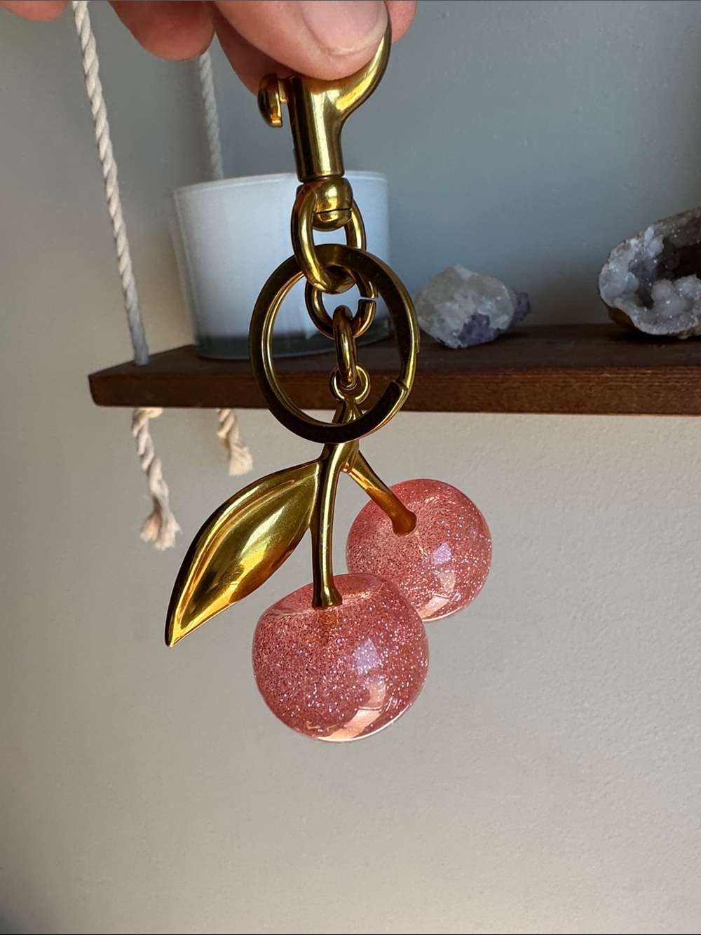 Gold Pink Cherry Keychain with Pink Glitter Charms
